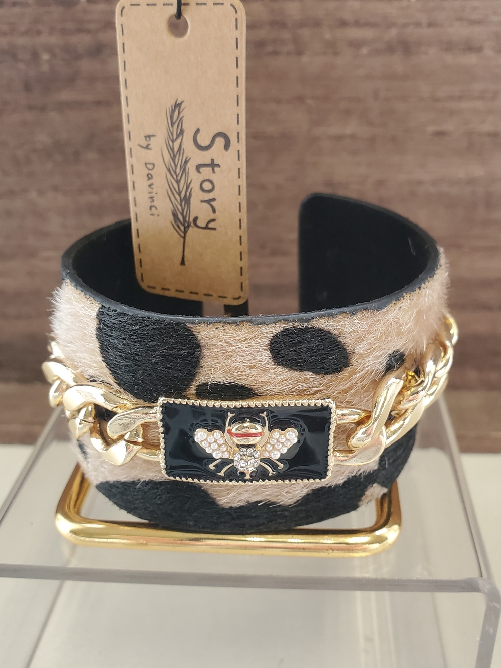 Black & Cream Animal Print Cuff Bracelet with Gold Bee Accent